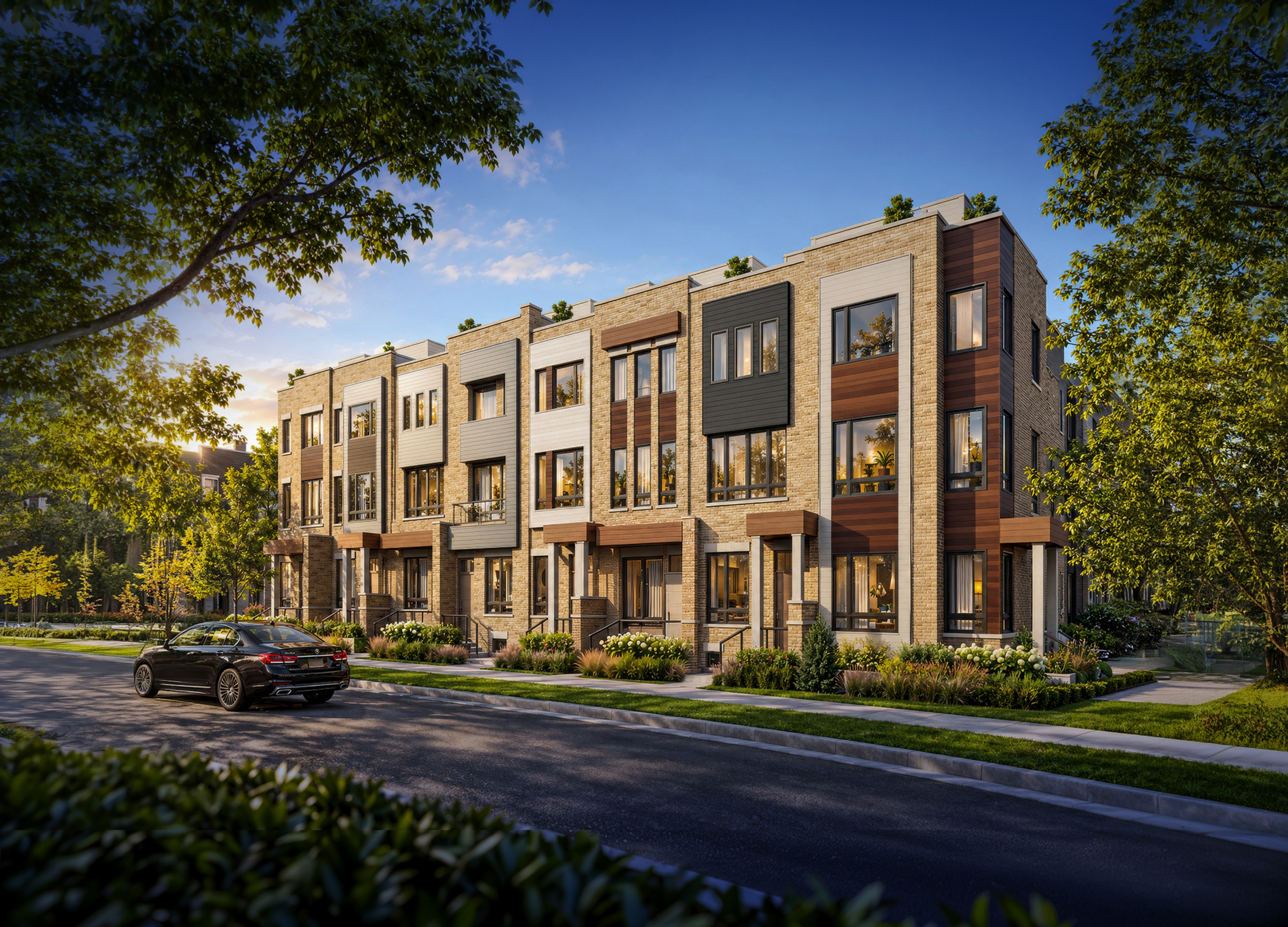 Parkside townhomes at Crosstown surrounded by trees